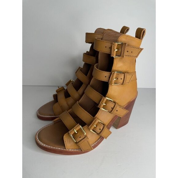 Free People Buckle Up Baby Block Heels Strappy Tan Open Boot EU 37.5 US 7.5 NEW - Picture 2 of 6